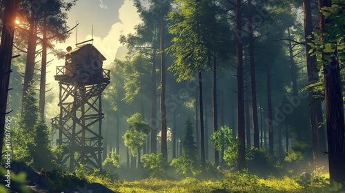 Forest lookout tower on mountain with pine trees. photo
