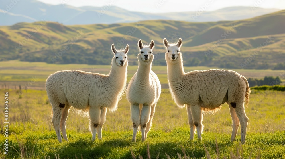 Obraz premium Three white llamas standing together in a lush green field, with soft, golden sunlight illuminating their fur.