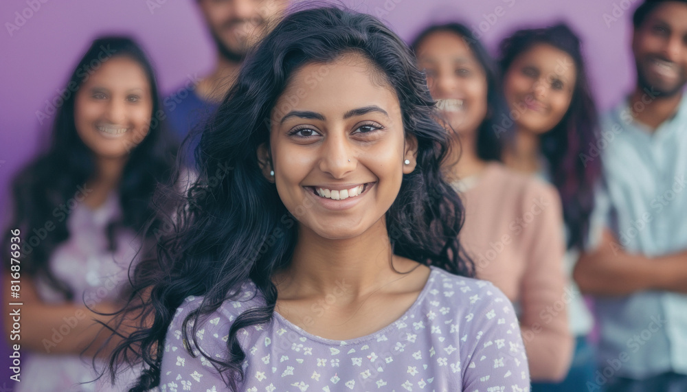 Smiling indian woman standing with group Smiling indian woman standing with group