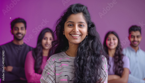 Smiling indian woman standing with group