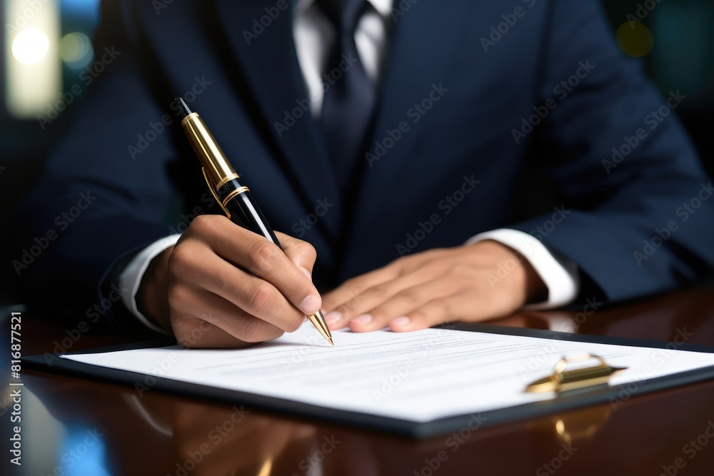 A man in a suit writing on a piece of paper, signing a legal document with a fountain pen. Generative AI A man in a suit writing on a piece of paper, signing a legal document with a fountain pen. Generative AI