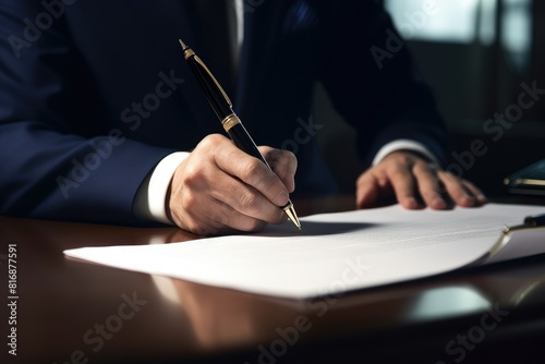 A man in a suit writing on a piece of paper  signing a legal document with a fountain pen. Generative AI