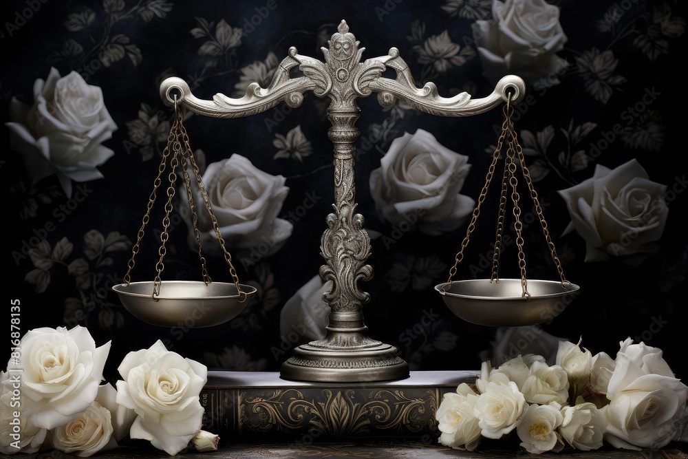Obraz premium A scale of law with two white roses placed on a wooden table. Generative AI