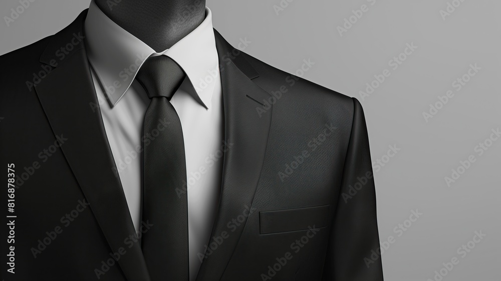 closeup of simple well tailored black suit mockup on grey background closeup of simple well tailored black suit mockup on grey background
