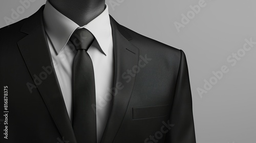 closeup of simple well tailored black suit mockup on grey background photo