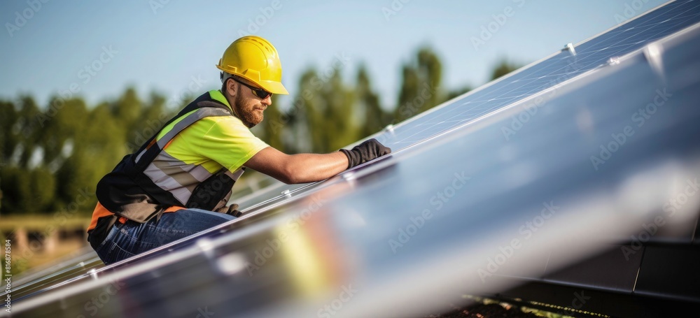 Fototapeta premium Worker assemble a solar system, install energy solar panel on roof. Concept for alternative energy and a clean environment