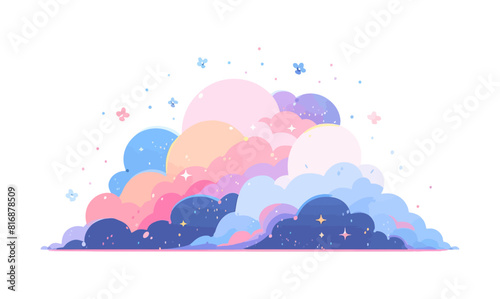 Beautiful illustration of pastel colored clouds with stars and sparkles, on a white background.