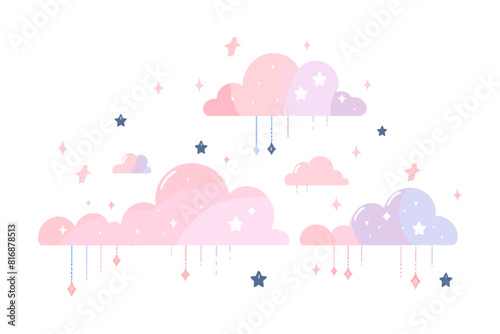 Adorable clouds with stars and hanging droplets in pastel colors, on a white background.