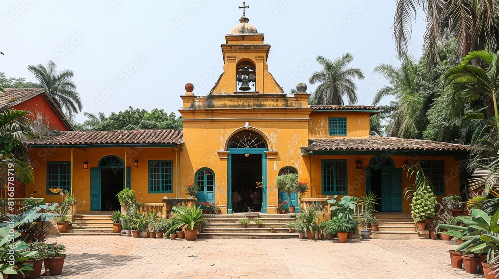 Fototapeta premium A picturesque, colonial-style building set amidst lush green surroundings, showcasing traditional architectural elements with vibrant colors and numerous potted plants