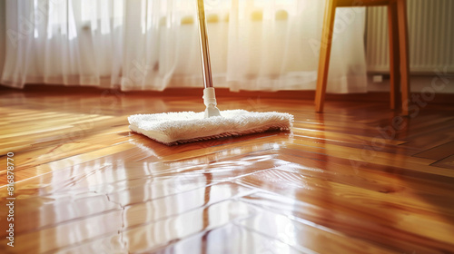 A close-up of a mop cleaning a shiny wooden floor in a bright room with sheer curtains and a wooden chair.