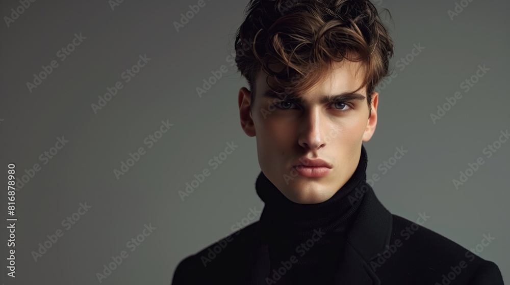 young handsome male fashion model wearing black turtleneck tshirt on simple background