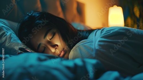 young teenage girl lying in cozy bed face illuminated by soft glow of lamp in dimly lit bedroom