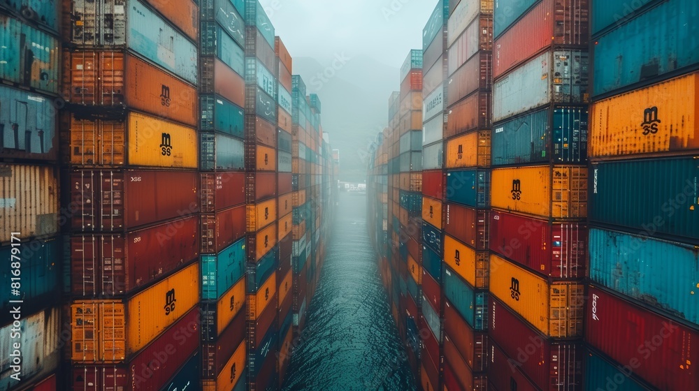 Fototapeta premium A densely packed scene of stacked shipping containers in vibrant colors lines both sides of a narrow foggy pathway in a port area
