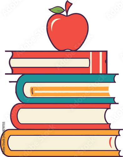 stack of books with apple fruit on a white background