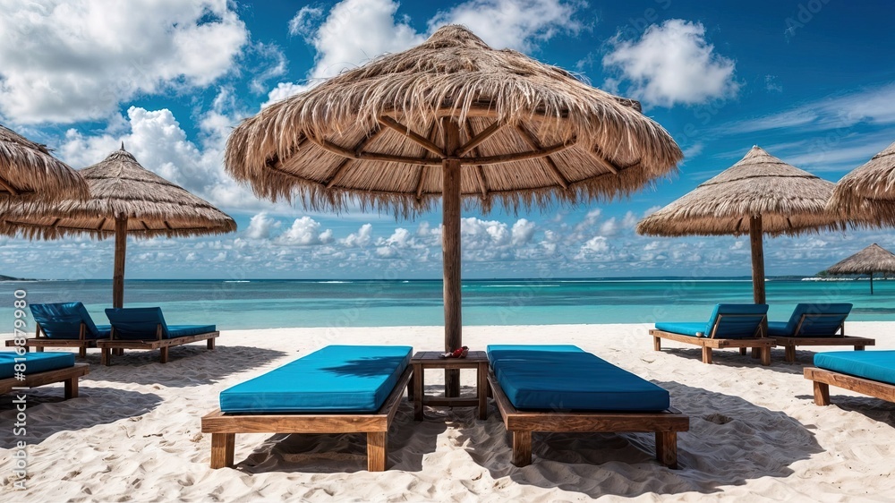 Color beach beds, umbrella and white sand on ocean shore in summer. View of sea, blue water and sky. Concept of paradise, resort, travel, vacation, relax and holiday