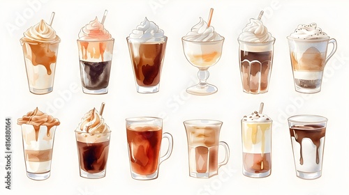 Variety of Delicious Coffee and Dessert Drinks Displayed in Glasses and Mugs on a White Background