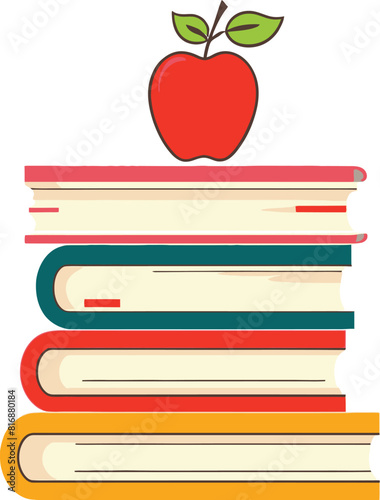 stack of books with apple fruit on a white background