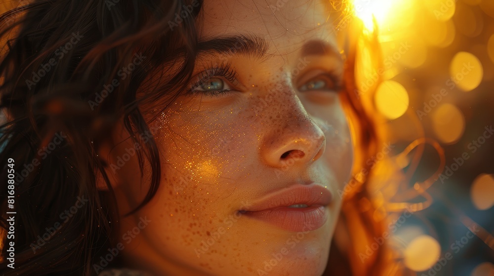 A close-up portrait of a young woman looking upwards with freckled skin, illuminated by the warm, golden sunlight creating a dreamy bokeh effect in the background A close-up portrait of a young woman looking upwards with freckled skin, illuminated by the warm, golden sunlight creating a dreamy bokeh effect in the background