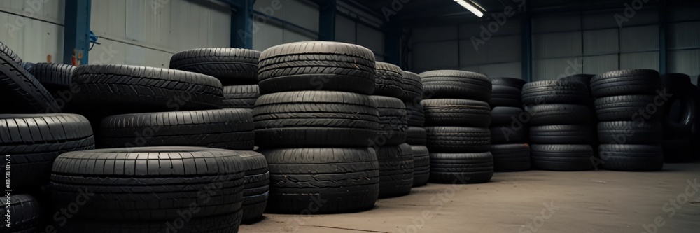 Piles of car tires in factory storage area. Concept Industrial Waste Management, Recycling Practices, Synthetic Rubber Production, Tire Manufacturing Technology