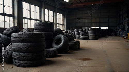 Piles of car tires in factory storage area. Concept Industrial Waste Management, Recycling Practices, Synthetic Rubber Production, Tire Manufacturing Technology