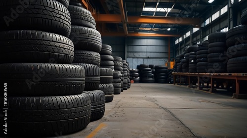 Piles of car tires in factory storage area. Concept Industrial Waste Management, Recycling Practices, Synthetic Rubber Production, Tire Manufacturing Technology