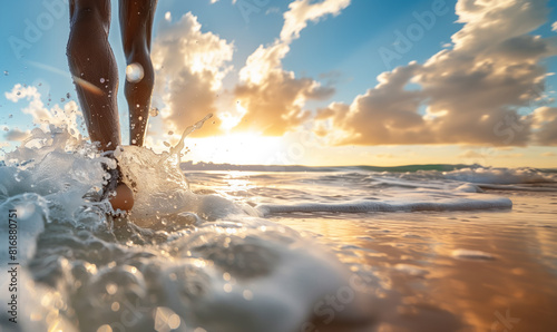 The feet of a dark-skinned person walking along the shore of the beach  splashing water. The golden light of the sun illuminates the splashes backdrop of a stunning tropical beach at sunset.