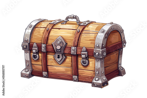 Wooden treasure chest with metal reinforcements and lock. Flat vector illustration isolated on white background.