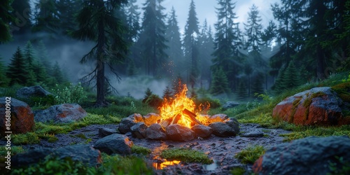A serene and tranquil campfire burning in the middle of a dense forest  surrounded by tall evergreen trees and a misty atmosphere during dawn or dusk