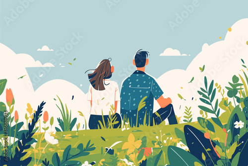 Couple sitting in a garden with flowers and plants. Summer weekend, date, picnic. Flat vector illustration.
