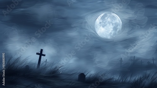 Mysterious moonlit graveyard with mist and crosses