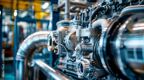 Close-up view of industrial machinery with intricate metal components and pipes, showcasing advanced engineering and manufacturing technology in a factory setting.