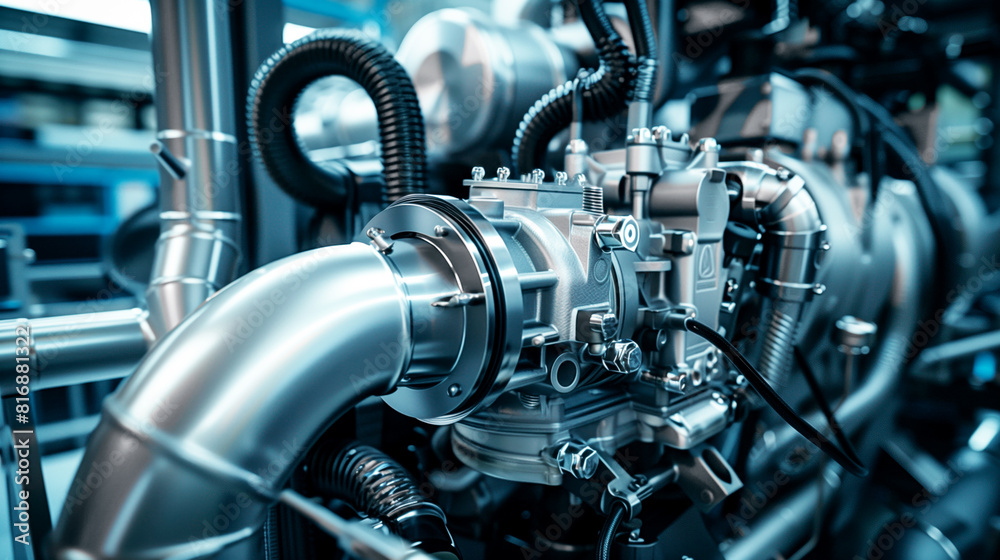 Close-up of a complex industrial machine with metallic components and interconnected tubes, showcasing intricate engineering and manufacturing technology. Close-up of a complex industrial machine with metallic components and interconnected tubes, showcasing intricate engineering and manufacturing technology.