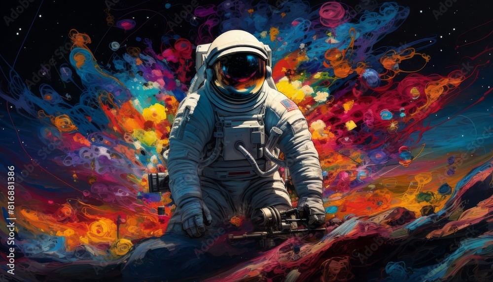 An astronaut is exploring a new planet. The astronaut is surrounded by a beautiful nebula.