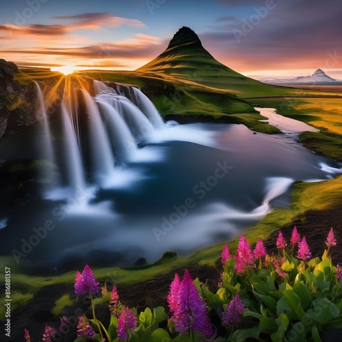 Iceland Landscape spring panorama at sunset - kirkjufell