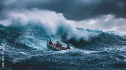 a group of fishermen in the middle of the ocean with big waves photo