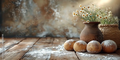 A serene and rustic kitchen scene with freshly baked bread rolls, scattered flour, a clay pot with wildflowers, positioned on a worn wooden table illuminated by warm sunlight photo