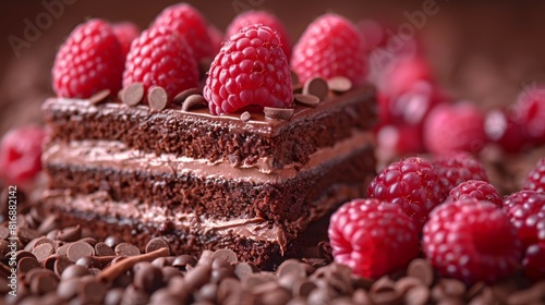 A scrumptious chocolate cake layered with rich frosting adorned by fresh raspberries and surrounded by scattered chocolate chips, evoking a tempting gourmet dessert scene