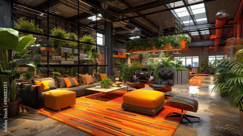 Modern industrial office setting with a cozy interior design boasts a blend of lush greenery and contemporary furniture  reflecting an innovative workspace environment