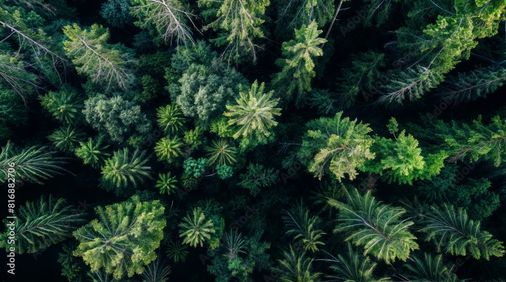 Aerial view of green forest. Top view of coniferous forest.