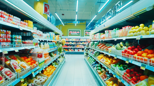 A brightly lit grocery store aisle is stocked with various fresh fruits, vegetables, and beverages displayed on both sides.