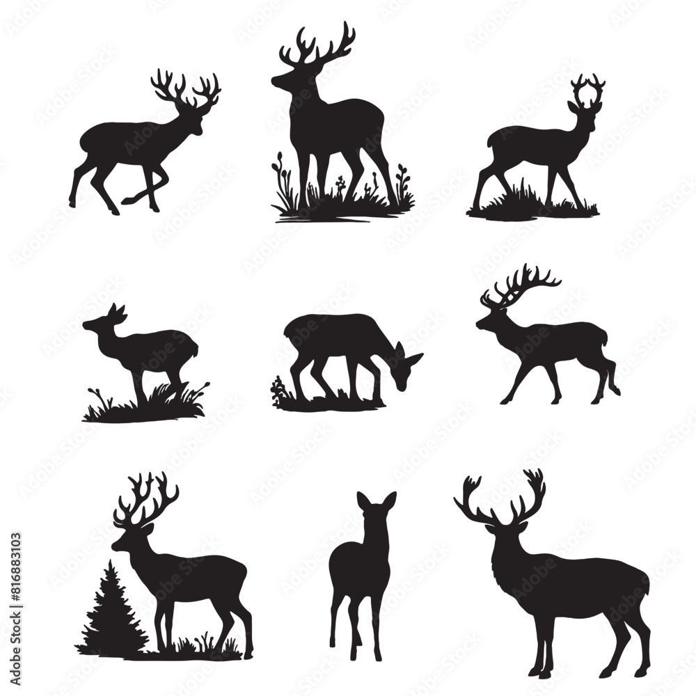 set of deer silhouettes on white set of deer silhouettes on white
