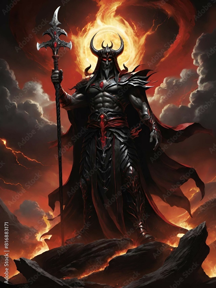 black and white skull with sword in the middle of the red cloak