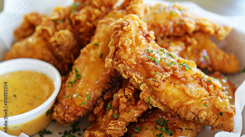 Close-up of a plate of crispy fried chicken tenders drizzled with honey and garnished with parsley, served with a side of honey mustard dipping sauce. photo