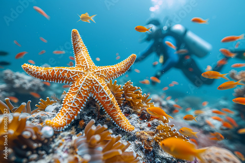 Starfish center stage vibrant coral reef fish swim scuba diver background