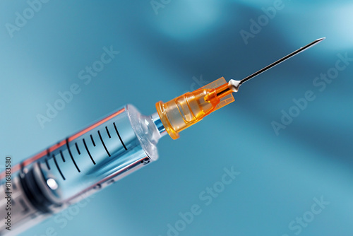 Close-up view syringe set soft blue background, medical and healthcare concept