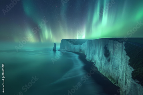northern lights, Aurora Borealis seen over the white cliffs of dover in the UK