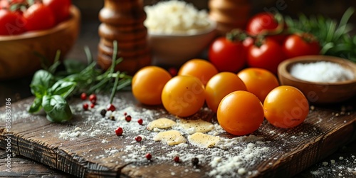 A captivating display of fresh yellow tomatoes, basil leaves, and cheese on a rustic wooden table, sprinkled with flour and spices, suggesting the preparation of an Italian meal