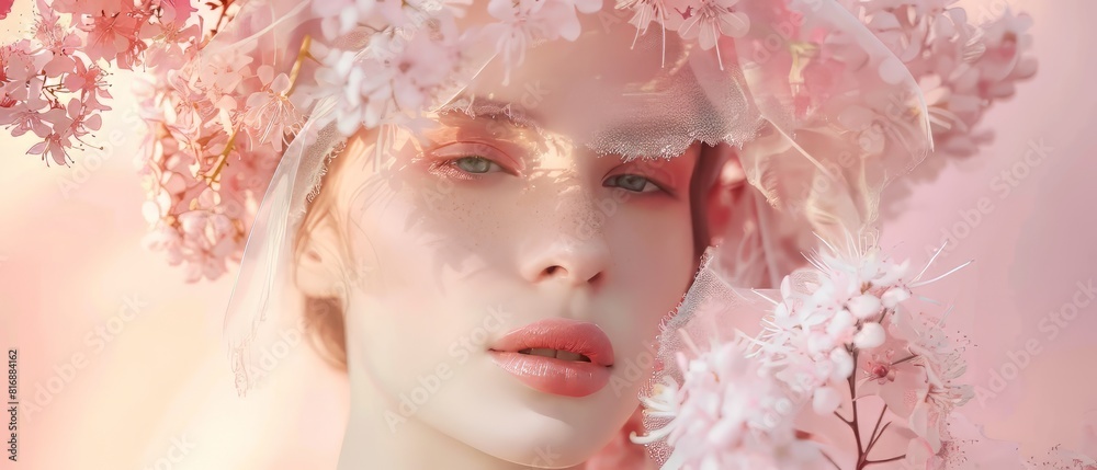 beautiful woman with pink flowers in her hair and around her face.