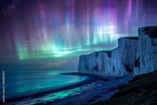 northern lights, Aurora Borealis seen over the white cliffs of dover in the UK