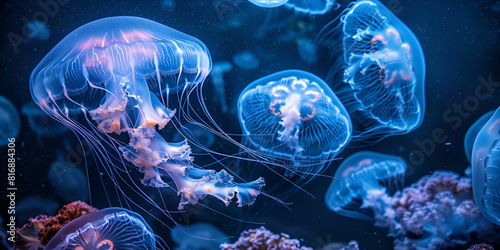 Jellyfish floating in the water. The jellyfish should be translucent and glowing, with long tentacles trailing behind it,